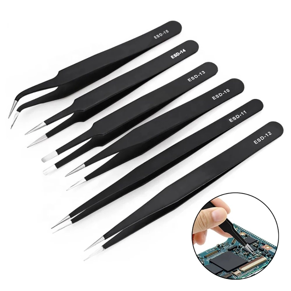 Jewelry Making Tools List - 6 Stück Edelstahl-Antistatik-Präzisions-ESD-Pinzetten mit rutschfestem Griff,